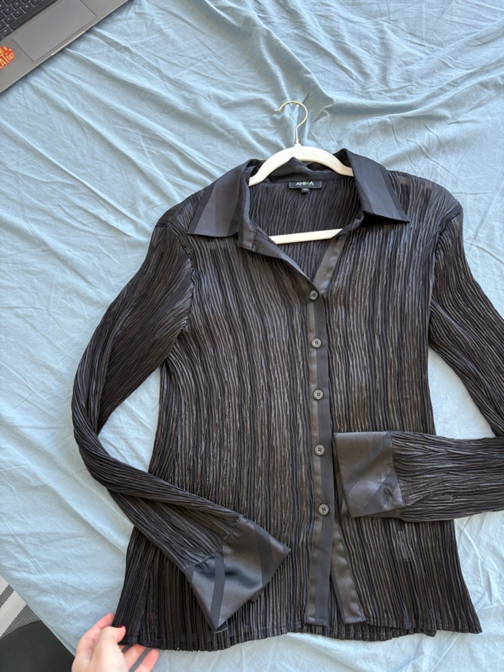 NIKA Black Pleated Blouse with Satin Trim